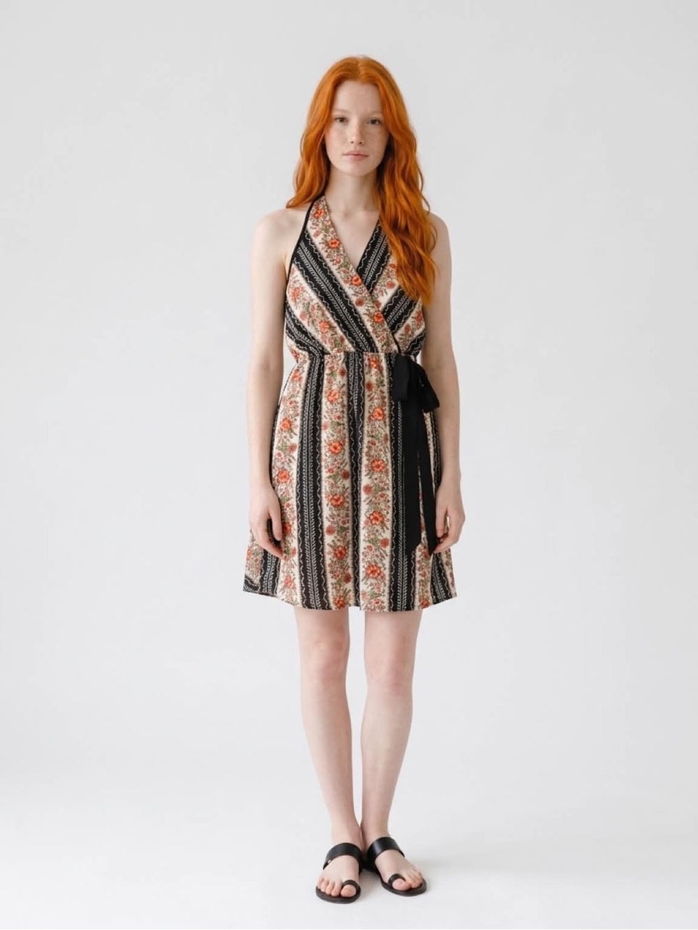 Floral Stripe Halter Wrap Dress in Black and White